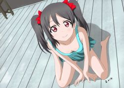 Rule 34 | 10s, 1girl, 2014, arm support, bare arms, bare legs, bare shoulders, barefoot, black hair, blue dress, blush, bow, breasts, cleavage, dated, downblouse, dress, dutch angle, full body, hair bow, kosu, looking at viewer, love live!, love live! school idol project, medium hair, no bra, red eyes, sitting, small breasts, smile, solo, twintails, wariza, yazawa nico