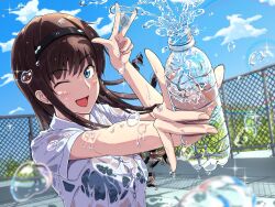 Rule 34 | 1girl, amagami, black hair, black hairband, blue bra, blue eyes, blush, bottle, bra, breasts, chain-link fence, curly hair, fence, hairband, highres, holding, holding bottle, long hair, looking at viewer, medium breasts, morishima haruka, one eye closed, open mouth, outdoors, rainbow, ranmaru (jackpot 1123), see-through, shirt, short sleeves, sky, solo, spilling, underwear, upper body, water bottle, wet, wet clothes, white shirt