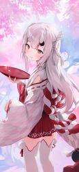 Rule 34 | 1girl, absurdres, blush, closed mouth, commentary, grey hair, hakama, hakama short skirt, hakama skirt, highres, holding, hololive, horns, japanese clothes, kimono, long hair, long sleeves, looking at viewer, looking back, multicolored hair, nakiri ayame, nakiri ayame (shrine maiden), nel dcm, nontraditional miko, official alternate costume, pom pom (clothes), print kimono, red eyes, red hair, red skirt, ribbon-trimmed sleeves, ribbon trim, skin-covered horns, skirt, smile, solo, streaked hair, thighhighs, virtual youtuber, white kimono, white thighhighs, wide sleeves, yagasuri