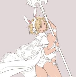 Rule 34 | 10s, 1girl, :o, animal ears, ass, blonde hair, breasts, brown eyes, rabbit ears, rabbit tail, cape, cleavage, cowboy shot, djeeta (granblue fantasy), fake animal ears, fake tail, female focus, flat ass, flower, from behind, granblue fantasy, hair flower, hair ornament, hairband, holding, koza game, leotard, looking back, open mouth, partially colored, puffy short sleeves, puffy sleeves, purple background, sage (granblue fantasy), short hair, short sleeves, simple background, small breasts, solo, staff, tail, tan, tanline