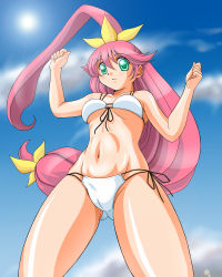Rule 34 | 1girl, bad id, bad pixiv id, bikini, breasts, buzzsaw (basso), cameltoe, covered erect nipples, day, from below, green eyes, gunxsword, highres, long hair, pink hair, ponytail, priscilla (gunxsword), small breasts, solo, swimsuit, white bikini