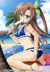 Rule 34 | 1girl, absurdres, adjusting clothes, adjusting swimsuit, anklet, back, barefoot, beach, between breasts, bikini, blue bikini, blush, bow, bracelet, breasts, brown hair, choujigen taisen neptune vs sega hard girls, cloud, contrail, d-pad, day, eating, feet, food, food on face, frilled bikini, frills, from side, full body, game cg, green eyes, hair between eyes, hair bow, hair ornament, highres, ice cream, if (neptunia), innertube, jewelry, licking, long hair, looking at viewer, neptune (series), ocean, official art, one side up, open mouth, outdoors, palm tree, popsicle, ribbon, saliva, sand, sexually suggestive, shiitake urimo, sitting, sky, soles, solo, swim ring, swimsuit, toes, tongue, tongue out, tree, wariza