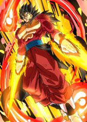 absurdres black_hair blue_eyes blue_sash body_fur dougi dragon_ball dragon_ball_heroes earrings energy_blade energy_sword gloves highres jewelry long_hair male_focus monkey_boy monkey_tail muscular muscular_male no_nipples pants pectorals potara_earrings red_fur rz28kp saiyan sash spiked_hair super_saiyan super_saiyan_4 sword tail time_patrol_(dragon_ball) vegetto vegetto_(xeno) weapon