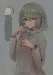 Rule 34 | 1boy, 1girl, alternate costume, blue eyes, brown sweater, closed mouth, commentary request, eto (tokyo ghoul), green hair, grey background, hair between eyes, hands up, heterochromia, highres, long sleeves, looking at viewer, mask, medium hair, nail polish, noro (tokyo ghoul), ponytail, red eyes, simple background, smile, solo focus, straw like, sweater, teeth print, tokyo ghoul, tokyo ghoul:re, upper body, white nails