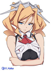 Rule 34 | 1girl, 4690 (tkpbsk), ascot, blonde hair, blue eyes, breasts, crossed arms, drill hair, headgear, honolulu (kancolle), kantai collection, large breasts, long hair, military, military uniform, one-hour drawing challenge, red ascot, simple background, sleeveless, sleeveless jacket, solo, twin drills, twintails, uniform, upper body, white background