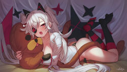 Rule 34 | :3, ahoge, animal ear hairband, animal ears, arpeggio kaga, ass, asymmetrical legwear, bed sheet, black panties, bra, breasts, cat ear hairband, cat ears, collarbone, collared shirt, commentary, commentary request, curtains, djmax, djmax respect, eyepatch, fail (djmax), fake animal ears, fang, hairband, highres, hugging doll, hugging object, legs up, long hair, lying, medium breasts, mismatched legwear, on stomach, open bra, open clothes, open mouth, open shirt, panties, print bra, red eyes, shirt, side-tie panties, socks, star (symbol), striped clothes, striped socks, stuffed toy, thong, twintails, underwear, untied panties, very long hair, white hair, white shirt