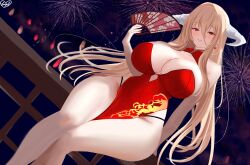 Rule 34 | 1girl, absurdres, aerial fireworks, alternate costume, azur lane, blonde hair, breasts, china dress, chinese clothes, chinese commentary, cleavage, commentary, dress, dutch angle, earrings, english commentary, feet out of frame, fireworks, hair between eyes, hand fan, heart, heart earrings, highres, holding, holding fan, horns, huge breasts, impl chan, implacable (azur lane), jewelry, long hair, mixed-language commentary, night, night sky, panty straps, pelvic curtain, red dress, red eyes, sky, sleeveless, sleeveless dress, solo, very long hair, white horns