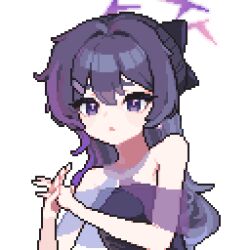 Rule 34 | 1girl, animated, animated gif, apieceofpixel, bare shoulders, blinking, blue archive, blush, closed mouth, dress, halo, hands on own cheeks, hands on own face, haruka (blue archive), haruka (dress) (blue archive), long hair, looking at viewer, open mouth, pixel art, purple dress, purple eyes, purple halo, simple background, sleeveless, sleeveless dress, solo, upper body, wavy mouth, white background