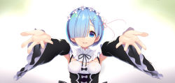 Rule 34 | 10s, 1girl, absurdres, at-yui, bad id, bad pixiv id, black dress, blue eyes, blue hair, blush, breasts, commentary request, detached sleeves, dress, frills, hair ornament, hair over one eye, hair ribbon, highres, looking at viewer, maid, maid headdress, matching hair/eyes, open mouth, outstretched arms, re:zero kara hajimeru isekai seikatsu, rem (re:zero), ribbon, short hair, small breasts, smile, solo, x hair ornament