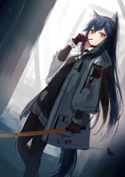 Rule 34 | 1girl, animal ear fluff, animal ears, arknights, azuazu 0405, backlighting, black hair, black pantyhose, black sweater, coat, feet out of frame, food, food in mouth, fur-trimmed hood, fur-trimmed sleeves, fur trim, gloves, grey footwear, highres, holding, holding sword, holding weapon, hood, hood down, hooded coat, light, long hair, long sleeves, looking at viewer, mouth hold, multicolored hair, official alternate costume, open clothes, open coat, orange eyes, pantyhose, pocky, red gloves, red hair, sidelocks, solo, standing, sweater, sword, tail, texas (arknights), texas (winter messenger) (arknights), two-tone hair, very long hair, weapon, white coat, wolf ears, wolf girl, wolf tail