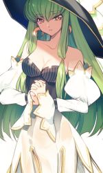 Rule 34 | 1girl, bare shoulders, breasts, c.c., cleavage, code geass, creayus, dress, gloves, green hair, hat, long hair, looking at viewer, medium breasts, open mouth, simple background, smile, solo, twitter username, yellow eyes