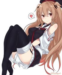 Rule 34 | 1girl, absurdres, asymmetrical clothes, between legs, black serafuku, black thighhighs, blush, breasts, gloves, hair between eyes, hair flaps, hair ornament, hairclip, hand between legs, hat, heart, highres, impossible clothes, kantai collection, kiritto, light brown hair, long hair, looking at viewer, medium breasts, murasame (kancolle), no shoes, red eyes, sailor collar, school uniform, serafuku, simple background, single sleeve, smile, solo, speech bubble, spoken heart, thighhighs, twitter username, two side up, white background, white gloves
