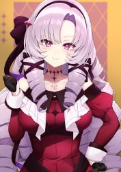 Rule 34 | 1girl, bare shoulders, black gloves, blush, breasts, chest tattoo, collarbone, dress, drill hair, gloves, hairband, highres, hyakumantenbara salome, hyakumantenbara salome (1st costume), jampen, large breasts, light purple hair, long hair, long sleeves, looking at viewer, nijisanji, off-shoulder dress, off shoulder, parted bangs, purple eyes, red dress, solo, tattoo, very long hair, virtual youtuber