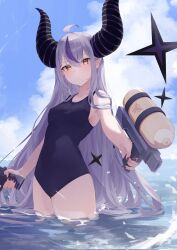 Rule 34 | 1girl, ahoge, braid, braided bangs, breasts, corrupted twitter file, demon horns, highres, hololive, horns, la+ darknesss, long hair, looking at viewer, motoi (croa76), multicolored hair, one-piece swimsuit, pointy ears, purple hair, small breasts, streaked hair, striped horns, swimsuit, very long hair, virtual youtuber, water gun