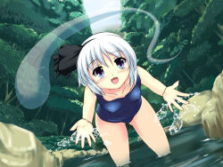 Rule 34 | 1girl, :d, bent over, blue eyes, blush, breasts, competition swimsuit, dutch angle, covered erect nipples, female focus, hairband, hitodama, hoshizuki (seigetsu), konpaku youmu, konpaku youmu (ghost), one-piece swimsuit, open mouth, outdoors, river, school swimsuit, silver hair, small breasts, smile, solo, splashing, swimsuit, touhou, wading, water
