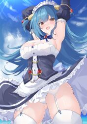 Rule 34 | 1girl, armpits, arms up, azur lane, blue bow, blue bowtie, blue hair, blue sky, blush, bow, bowtie, breasts, clam shell, cleavage, cloud, cloudy sky, commission, detached sleeves, dress, frilled dress, frills, garter straps, gluteal fold, highres, large breasts, long hair, looking at viewer, maid headdress, maimuu, neptune (azur lane), open mouth, panties, shell hair ornament, skeb commission, skindentation, sky, smile, solo, thighhighs, underwear, white garter straps, white panties, white thighhighs, yellow eyes