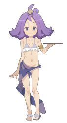 Rule 34 | 1girl, :3, absurdres, acerola (pokemon), adapted costume, armlet, bikini, blush, closed mouth, commentary, commission, creatures (company), flip-flops, flipped hair, frills, full body, game freak, grey eyes, hair ornament, hairclip, hand up, highres, holding, holding tray, knees, medium hair, navel, nintendo, pokemon, pokemon sm, purple hair, s10021, sandals, sarong, smile, solo, standing, stitches, swimsuit, topknot, tray