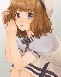 Rule 34 | 1girl, brown hair, hand in own hair, hat, highres, idolmaster, idolmaster million live!, idolmaster million live! theater days, knees up, looking at viewer, medium hair, purple eyes, sitting, solo, summer uniform, summer uniform series (idolmaster), suou momoko, tanupon