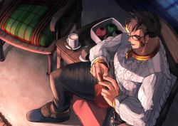 Rule 34 | 1boy, bara, bellsaltr, black-framed eyewear, black pants, blush, brown eyes, brown hair, chain, christmas, coffee cup, collar, cross scar, cuffs, cup, disposable cup, facial hair, fireplace, flaming eye, from above, goatee, handcuffs, heracles (housamo), long sideburns, long sleeves, male focus, metal collar, muscular, muscular male, needle, official alternate costume, pants, pectorals, scar, sewing, sewing needle, short hair, sideburns, solo, sweater, thick thighs, thighs, tokyo houkago summoners, white sweater