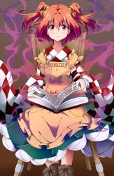 Rule 34 | 1girl, apron, bell, book, bwell, chair, hair bell, hair ornament, japanese clothes, kimono, long sleeves, looking at viewer, motoori kosuzu, open book, pink eyes, red hair, sitting, smile, solo, touhou, two side up, wide sleeves