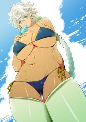 Rule 34 | 10s, 1girl, alternate costume, arm behind back, bikini, blue bikini, braid, breasts, cowboy shot, eating, female focus, food, from below, gradient background, kantai collection, large breasts, long hair, looking at viewer, micro bikini, perepere-kun, popsicle, side-tie bikini bottom, silver hair, single braid, solo, swimsuit, tan, thick thighs, thigh gap, thighhighs, thighs, unryuu (kancolle), very long hair