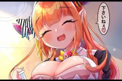Rule 34 | 1girl, blonde hair, blunt bangs, blush, breasts, cleavage, closed eyes, facing viewer, fang, hairband, highres, holding, holding syringe, hololive, horns, kiryu coco, kiryu coco (1st costume), large breasts, multicolored hair, open mouth, orange hair, pointy ears, sakuramochi (sakura frappe), skin fang, smile, solo, speech bubble, syringe, translated, upper body, virtual youtuber