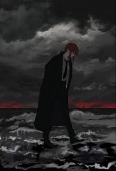Rule 34 | 1girl, beach, black coat, black footwear, black necktie, black pants, braid, braided ponytail, breasts, chainsaw man, closed mouth, cloud, cloudy sky, coat, collared shirt, commentary, dark, dress shirt, expressionless, formal, full body, grey sky, hand in pocket, highres, looking down, makima (chainsaw man), medium hair, necktie, ocean, open clothes, open coat, outdoors, pants, red hair, red sky, shinamoku00, shirt, shoes, sidelocks, sky, small breasts, solo, trench coat, walking, waves, white shirt, wing collar, yellow eyes