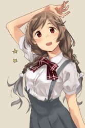 Rule 34 | 1girl, arm up, bow, bowtie, braid, brown eyes, cloud hair ornament, grey background, grey skirt, kantai collection, light brown hair, long hair, looking at viewer, makio (makiomeigenbot), minegumo (kancolle), open mouth, plaid, plaid bow, plaid bowtie, plaid neckwear, pleated skirt, puffy short sleeves, puffy sleeves, red bow, red bowtie, round teeth, shirt, short sleeves, simple background, skirt, solo, suspender skirt, suspenders, teeth, twin braids, twitter username, upper teeth only, white shirt
