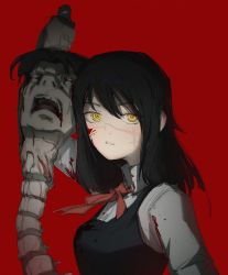 Rule 34 | 1girl, absurdres, arm up, black hairband, blood, blood from mouth, blood on clothes, blood on face, bloody tears, blush, bone, chainsaw man, chunkyeggy, facial scar, film grain, hairband, highres, holding, holding sword, holding weapon, long hair, looking at viewer, no pupils, open mouth, red ribbon, ribbon, ringed eyes, scar, scar on cheek, scar on face, scar on nose, simple background, sketch, solo, spine, sword, tanaka (chainsaw man), teeth, tongue, upper body, weapon, yellow eyes, yoru (chainsaw man)