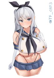 Rule 34 | 1girl, absurdres, black hairband, black neckerchief, black panties, blue sailor collar, blue skirt, blush, breasts, cosplay, crop top, elbow gloves, gloves, grey eyes, grey hair, hair between eyes, hairband, highleg, highleg panties, highres, kantai collection, large breasts, long hair, looking at viewer, microskirt, navel, neckerchief, one side up, panties, sailor collar, shimakaze (kancolle), shimakaze (kancolle) (cosplay), skirt, solo, striped clothes, striped thighhighs, suzutsuki (kancolle), tf cafe, thighhighs, thong, underwear, white gloves