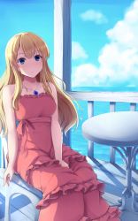Rule 34 | 1girl, bare shoulders, between legs, blonde hair, blue eyes, cloud, collarbone, day, dress, eyebrows, hair over shoulder, hand between legs, highres, jewelry, long hair, looking at viewer, necklace, nicoby, ocean, original, outdoors, red dress, shadow, sitting, sky, solo, strapless, strapless dress, water