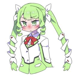 Rule 34 | 1girl, :/, blush, cannsk, commentary request, cropped torso, drill hair, drill sidelocks, green eyes, green hair, green jacket, indie virtual youtuber, jacket, kobayashi miya, multicolored clothes, multicolored jacket, sidelocks, solo, tearing up, twintails, two-tone jacket, underwear, virtual youtuber, white jacket