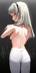 Rule 34 | 1girl, arknights, ass, back, back focus, backboob, bare back, breasts, cowboy shot, from behind, grey eyes, grey hair, head wings, highres, horn/wood, irene (arknights), long hair, looking at viewer, looking back, panties, panties under pantyhose, pantyhose, parted lips, red pupils, scar, scar across eye, sideways glance, small breasts, solo, standing, topless, underwear, white pantyhose, wings