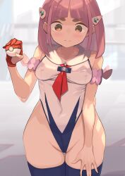 Rule 34 | 1girl, arched bangs, bare shoulders, blue thighhighs, blush, closed mouth, commentary request, creatures (company), game freak, gloves, groin, hair ornament, hairclip, highleg, highleg leotard, highres, holding, holding poke ball, lacey (pokemon), leotard, medium hair, neckerchief, nintendo, orange eyes, pink hair, poke ball, poke ball (basic), pokemon, pokemon sv, red gloves, red neckerchief, single glove, solo, spring2013, sweatdrop, thigh gap, thighhighs