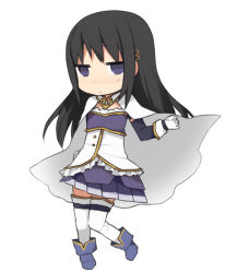 Rule 34 | 1girl, adapted costume, akemi homura, black hair, cape, chibi, cosplay, female focus, gloves, hair ornament, hairclip, long hair, magical girl, mahou shoujo madoka magica, mahou shoujo madoka magica (anime), miki sayaka, miki sayaka (cosplay), miki sayaka (magical girl), purple eyes, simple background, skirt, solo, thighhighs, tsuduya (knt31), white gloves, white thighhighs, zettai ryouiki