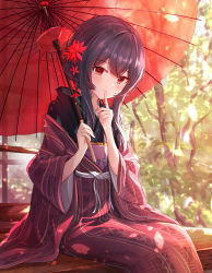 Rule 34 | 1girl, absurdres, black hair, blush, closed mouth, commentary, day, feet out of frame, finger to mouth, flower, forest, hair flower, hair ornament, hands up, highres, holding, holding umbrella, idolmaster, idolmaster shiny colors, japanese clothes, kimono, long sleeves, looking at viewer, morino rinze, nature, obi, outdoors, purple hair, red eyes, red flower, red kimono, sash, short hair with long locks, shushing, sidelocks, sitting, sky cappuccino, smile, solo, tree, umbrella, wide sleeves