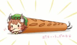 Rule 34 | 0 0, 1girl, :3, animal ears, brown hair, cat ears, cat tail, chen, commentary, dress, earrings, food, food on face, green hat, hat, ibaraki natou, jewelry, long sleeves, mob cap, multiple tails, nekomata, red dress, short hair, single earring, solo, tail, touhou, two tails