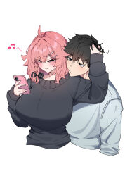 1boy 1girl absurdres ahoge black_eyes black_hair black_ribbon black_sweater blue_shirt blush breasts cellphone closed_mouth cropped_torso fang hair_ornament hair_ribbon hairclip hand_on_another&#039;s_head headpat highres holding holding_phone huge_breasts long_sleeves medium_hair mole mole_under_eye musical_note original phone pink_eyes pink_hair ribbon shirt short_hair simple_background skin_fang sleeves_past_wrists smartphone smile sweater warabi_mochi_(w4rabimochi) white_background