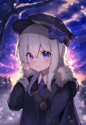 Rule 34 | 1girl, black hat, black jacket, blurry, blurry background, blush, bow, closed mouth, collared shirt, commentary, detached sleeves, flat cap, fur-trimmed jacket, fur trim, greypidjun, hair between eyes, hair bow, hand up, hat, highres, jacket, long hair, long sleeves, looking at viewer, neck ribbon, original, outdoors, purple bow, purple eyes, purple ribbon, ribbon, shirt, smile, solo, upper body, white hair, white shirt
