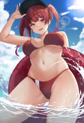 Rule 34 | 1girl, absurdres, bikini, black hat, blush, breasts, cleavage, hat, heterochromia, highres, hololive, houshou marine, houshou marine (summer), in water, innertube, large breasts, long hair, looking at viewer, navel, open mouth, outdoors, red bikini, red eyes, red hair, solo, swim ring, swimsuit, thighs, twintails, virtual youtuber, wading, yamikyon, yellow eyes