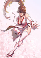 Rule 34 | 1girl, bad id, bad pixiv id, breasts, brown eyes, brown hair, cherry blossoms, cleavage, closed mouth, collarbone, dead or alive, detached sleeves, floating hair, full body, highres, japanese clothes, kasumi (doa), large breasts, long hair, panties, pelvic curtain, ponytail, revision, solo, tecmo, thighhighs, underwear, white background, white thighhighs, yagi2013