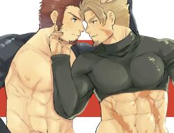 Rule 34 | 2boys, abs, bara, beowulf (fate), blonde hair, facial hair, fate/grand order, fate (series), forehead-to-forehead, heads together, male focus, multiple boys, muscular, muscular male, napoleon bonaparte (fate), pectorals, scar, scar on face, scar on stomach, souda (sosoda)