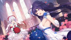 Rule 34 | 2girls, ahoge, armpits, black ribbon, blue flower, blue rose, blush, bouquet, breasts, bride, church, commentary request, cross, detached collar, detached sleeves, dress, floating hair, flower, foreshortening, gloves, hair flower, hair ornament, highres, holding, holding bouquet, honkai (series), honkai impact 3rd, indoors, jewelry, l.kili, latin cross, long hair, looking at viewer, medium breasts, multiple girls, open mouth, outstretched hand, petals, pink flower, pink rose, purple eyes, purple hair, raiden mei, raiden mei (valkyrie bladestrike), red eyes, red flower, red rose, ribbon, ring, rose, sideboob, silver hair, small breasts, smile, strapless, strapless dress, theresa apocalypse, theresa apocalypse (luna kindred), very long hair, wedding, wedding dress, white dress, white gloves, wind, window