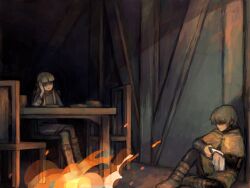 Rule 34 | 2boys, blonde hair, blunt bangs, boots, canute, chair, cleaning, cleaning weapon, closed mouth, crossed legs, dagger, fire, hand on own head, highres, indoors, knife, male focus, multiple boys, on floor, prince, sidelocks, sitting, spring deers, table, thorfinn, viking, vinland saga, weapon