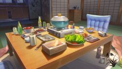 Rule 34 | bottle, bowl, can, chair, chopsticks, drawer, food, hotpot, indoors, lettuce, no humans, original, plate, scenery, table, xingzhi lv