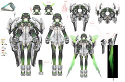 Rule 34 | 1girl, absurdres, arms at sides, black hair, character sheet, colored inner hair, donxxxs, facial mark, full body, green eyes, green hair, highres, mecha musume, multicolored hair, original, short hair, standing, straight-on, thighhighs, two-tone hair, very short hair, white background