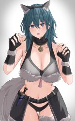 Rule 34 | 1girl, absurdres, alternate costume, animal ears, arms up, black gloves, black panties, blue eyes, blue hair, bra, breasts, byleth (female) (fire emblem), byleth (fire emblem), dagger, fake animal ears, fingerless gloves, fire emblem, fire emblem: three houses, fur-trimmed bra, fur trim, gloves, highres, jewelry, knife, large breasts, looking at viewer, navel, nintendo, panties, parted lips, peli cantaro, pendant, solo, tail, underwear, weapon, wolf ears, wolf tail