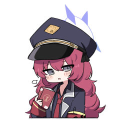Rule 34 | 1girl, absurdres, armband, black hat, black shirt, blue archive, blush, book, fami miminmin, grey eyes, hair between eyes, halo, hat, highres, holding, holding book, iroha (blue archive), long hair, long sleeves, necktie, parted lips, peaked cap, purple halo, red armband, red hair, red necktie, shirt, simple background, solo, upper body, white background