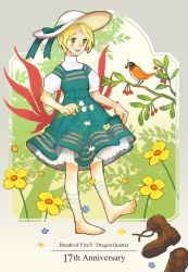 Rule 34 | 1girl, anniversary, barefoot, bird, blonde hair, blush, boots, breath of fire, breath of fire v, copyright name, dress, facial mark, flower, full body, hat, highres, horocca, nina (breath of fire v), open mouth, red wings, short hair, smile, tattoo, wings