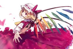 Rule 34 | 1girl, adapted costume, ainy, bad id, bad twitter id, blouse, check commentary, commentary request, crystal, flandre scarlet, from side, hat, highres, mob cap, petals, ribbon, shirt, simple background, solo, touhou, white background, white shirt, wings